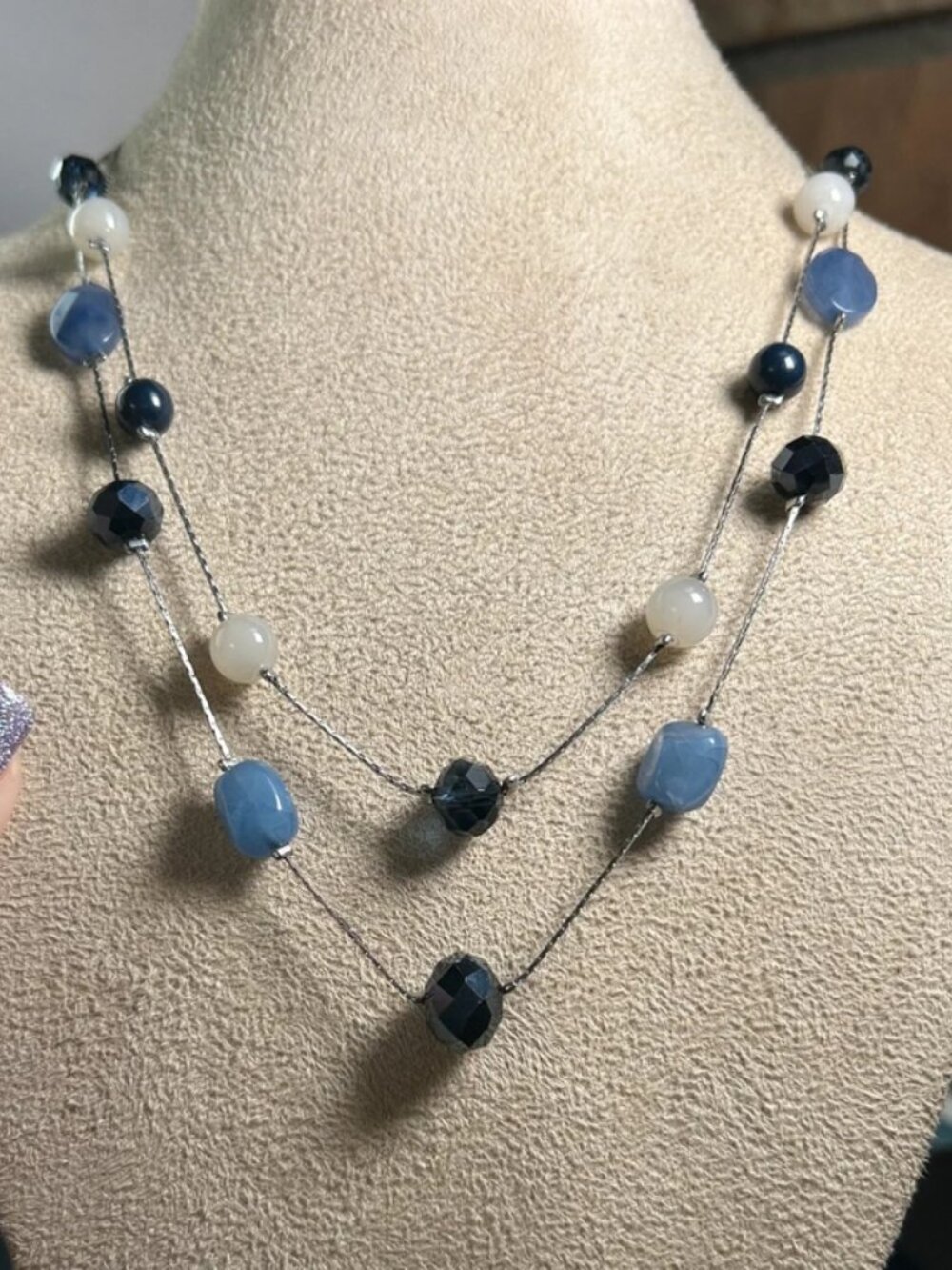 LOFT Double Strand Layered Bead Necklace Blue White Silver Tone